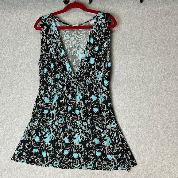 Body Central Tops - VTG 90s y2k Babydoll M Black Blue Floral Tank Top Empire Waist A Line FitNFlare